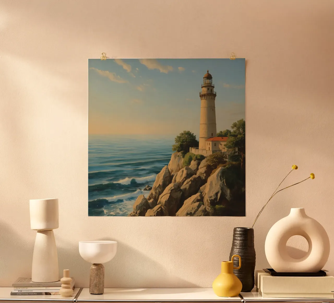Lighthouse standing tall on rocky coast at sunset with ocean poster with wooden frame by DesignDoodle
