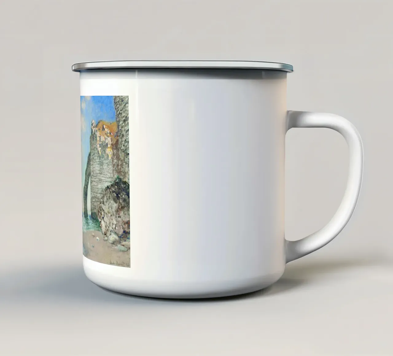 Le scogliere di Étretat di Claude Monet (1885) tazza in smalto da Classic Art Prints