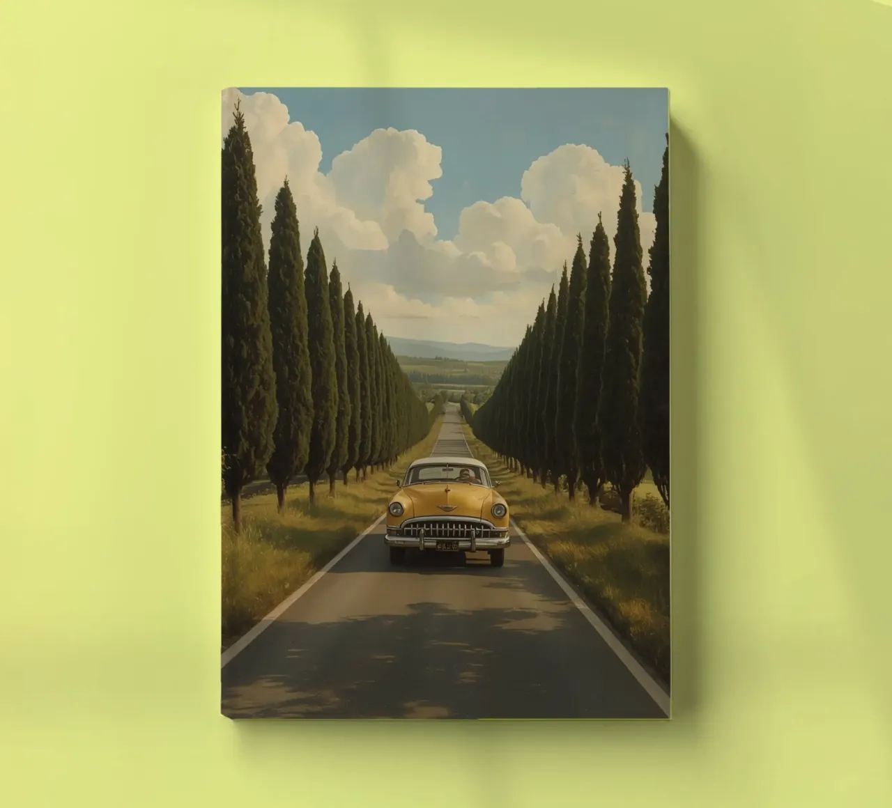 Oldtimer fährt unter bewölktem Himmel eine Allee entlang Notizbuch von DesignDoodle