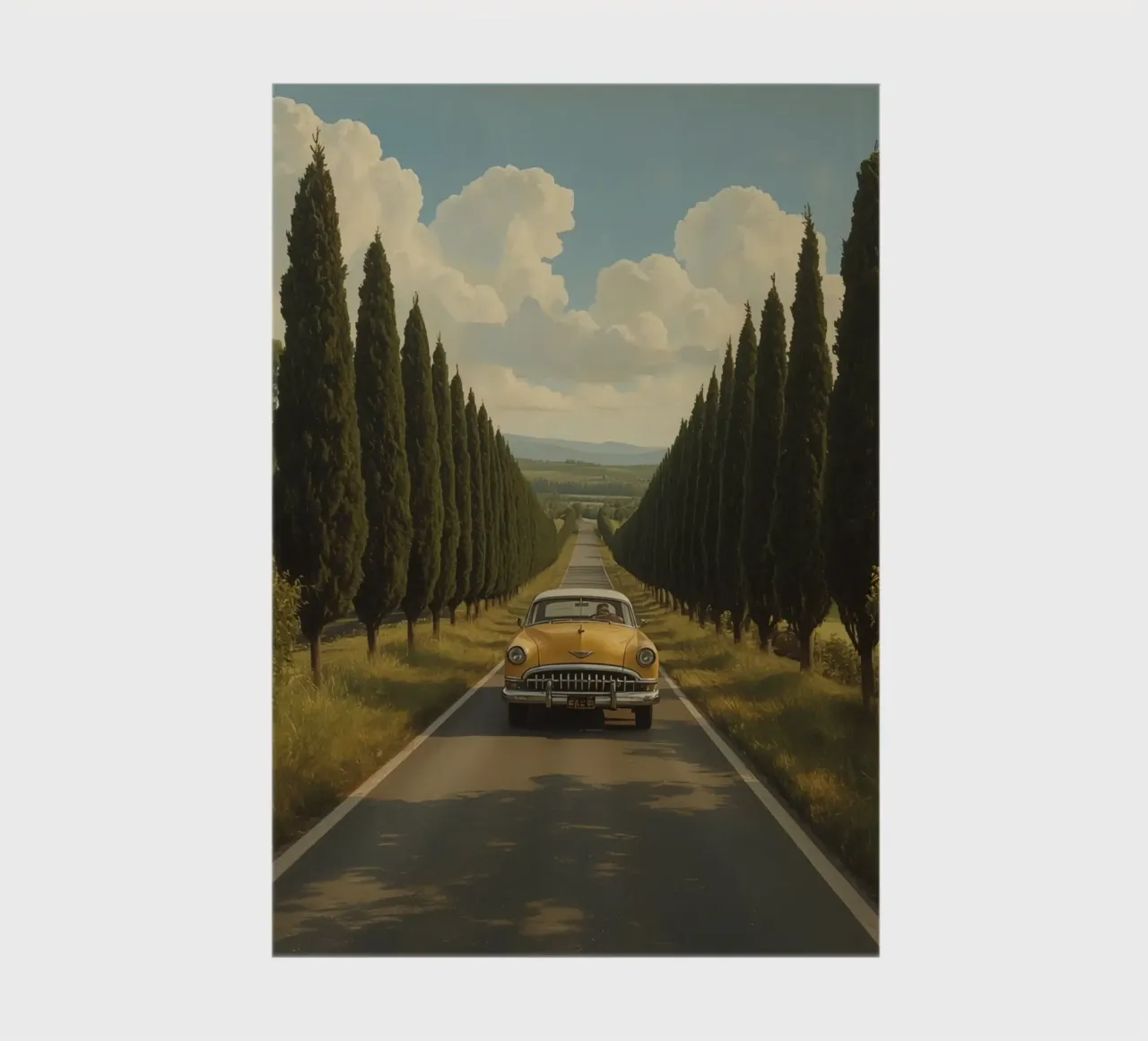 Oldtimer fährt unter bewölktem Himmel eine Allee entlang Notizbuch von DesignDoodle