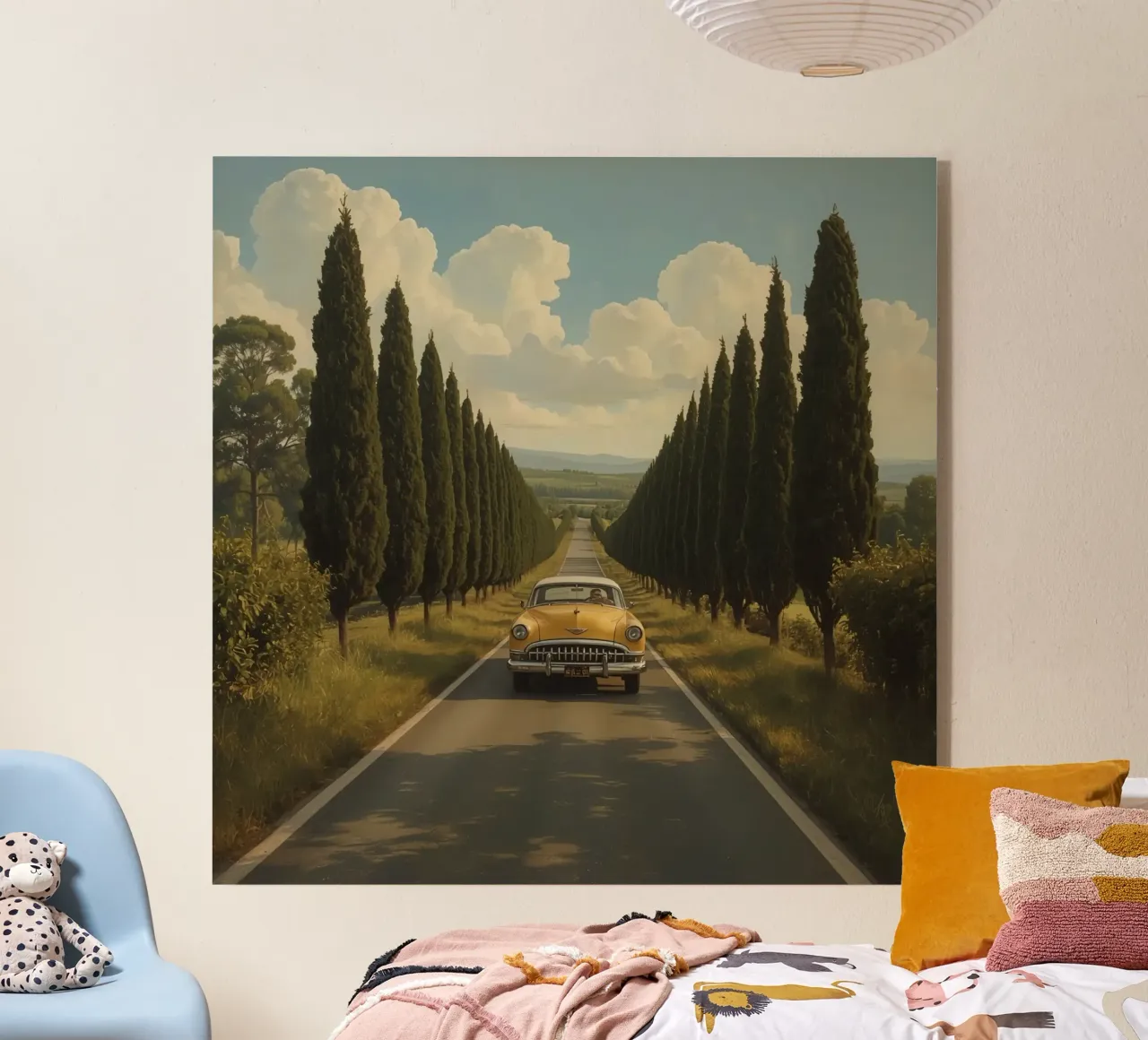 Oldtimer fährt unter bewölktem Himmel eine Allee entlang Acryl-Glas von DesignDoodle