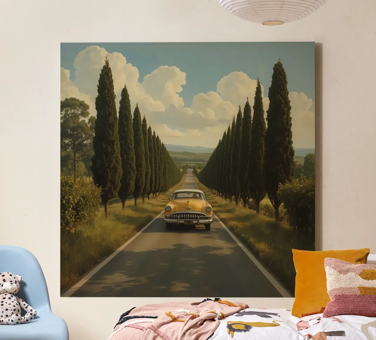 Oldtimer fährt unter bewölktem Himmel eine Allee entlang Leinwand von DesignDoodle