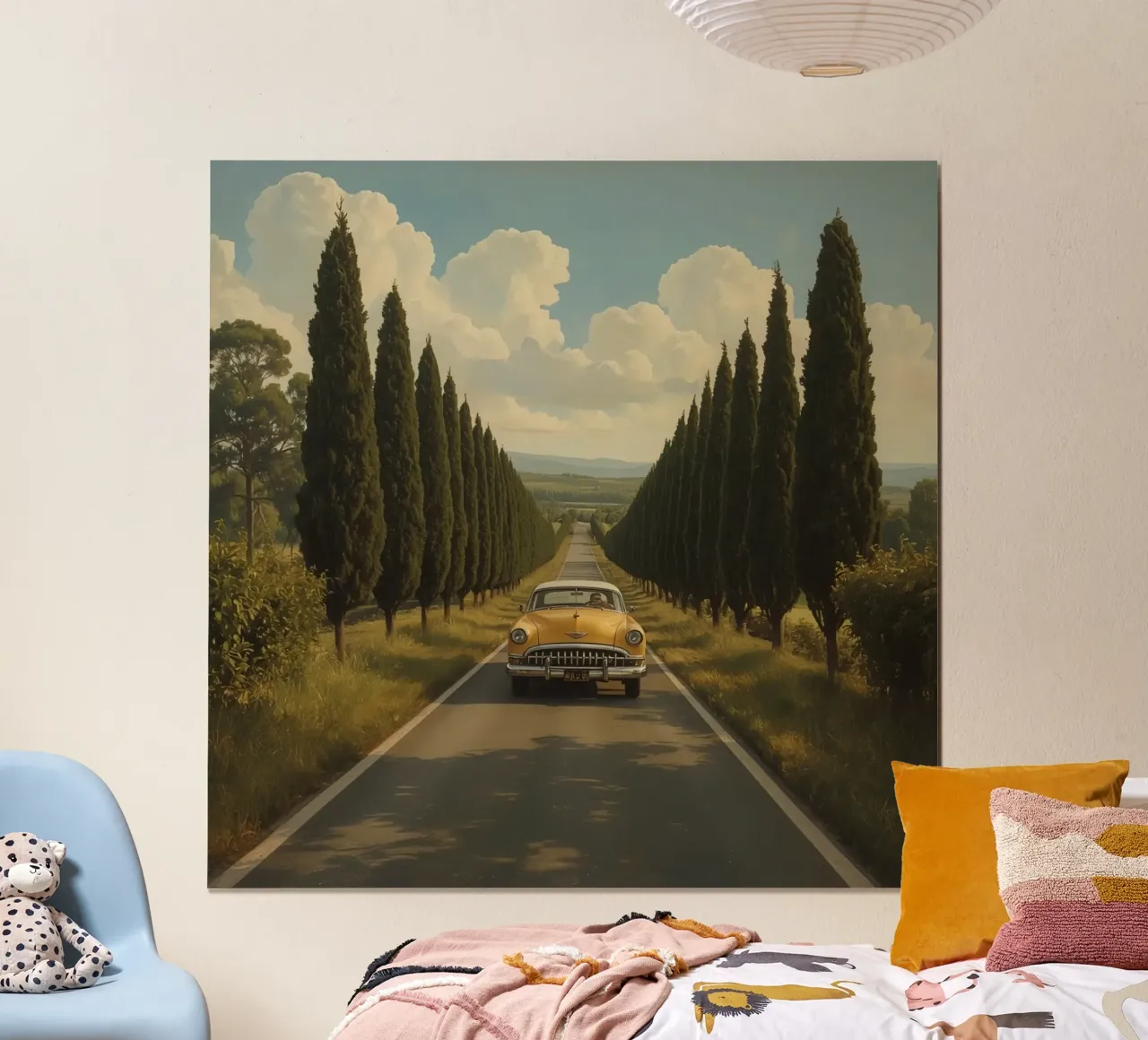 Oldtimer fährt unter bewölktem Himmel eine Allee entlang Hahnemühle von DesignDoodle