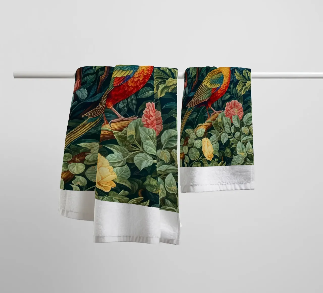 uccelli appollaiati sui rami degli alberi in fiore asciugamano da bagno da Ropech Shop