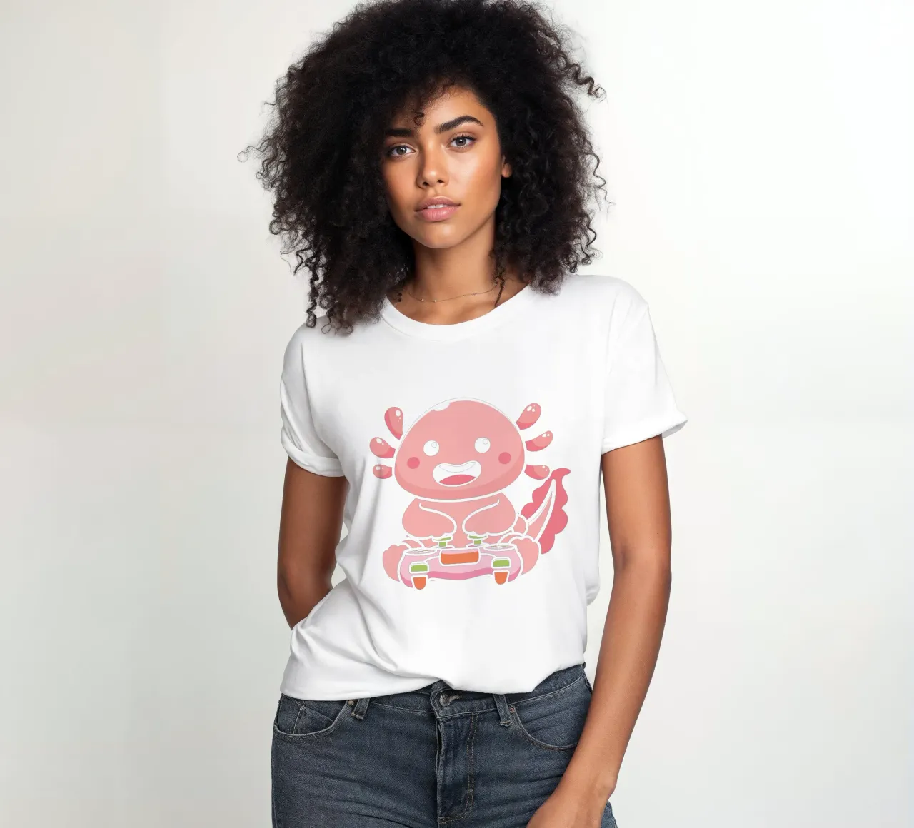 Axolotl and video game camiseta de mujer de edsonramosart