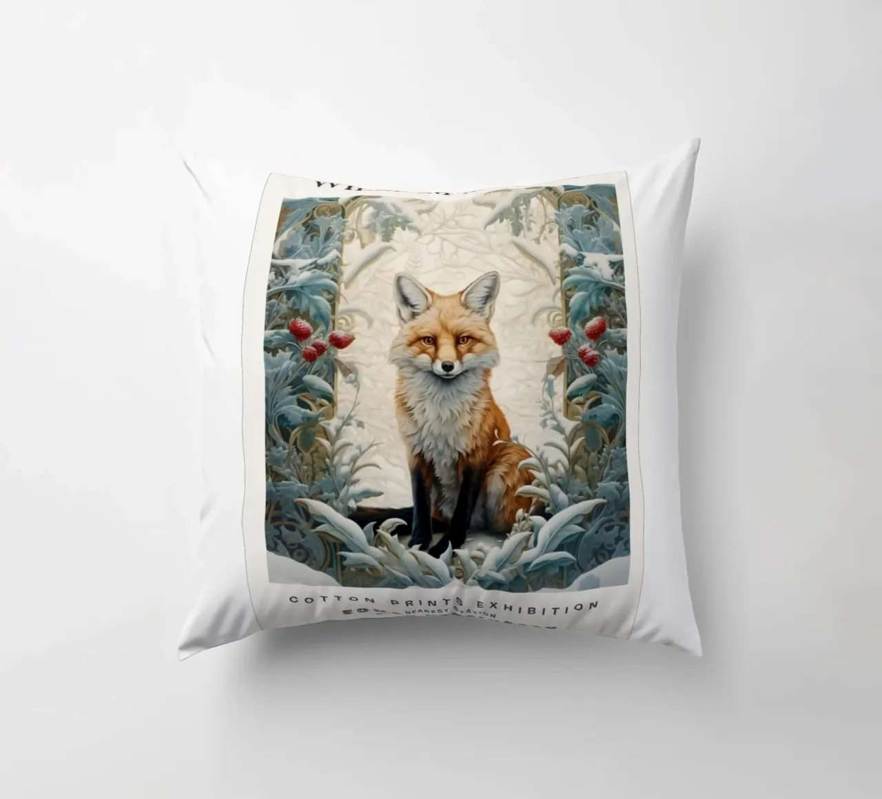 una volpe feroce con le foglie coperte di neve cuscino da Ropech Shop