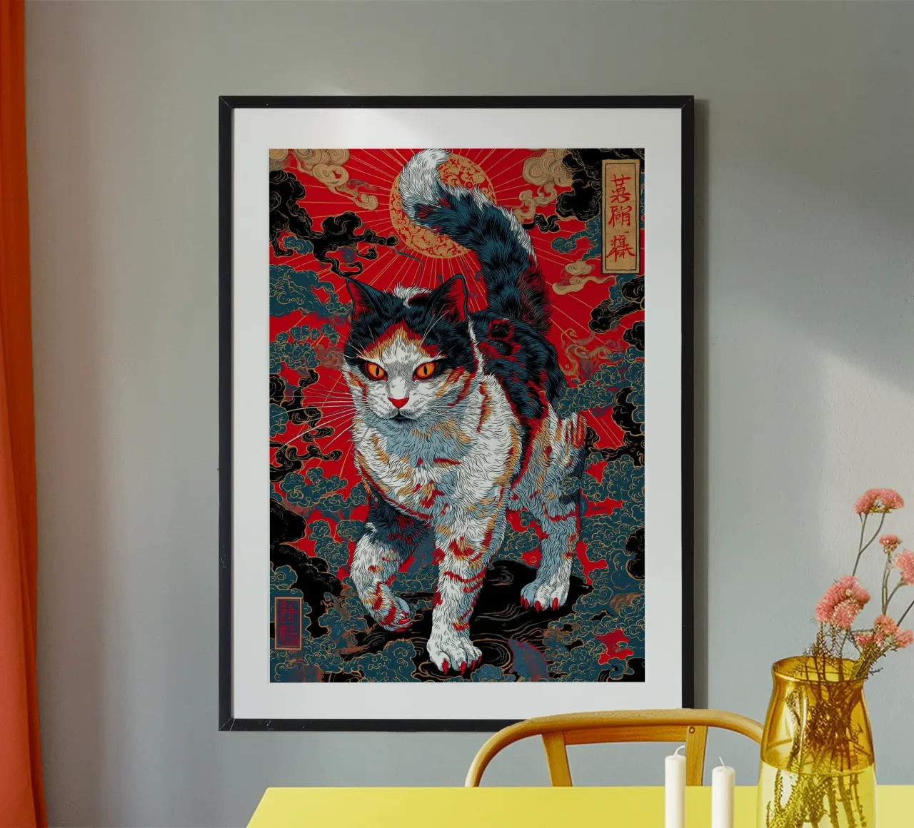 Gatto Ukiyo-e poster con telaio in legno da Fleur de Lys