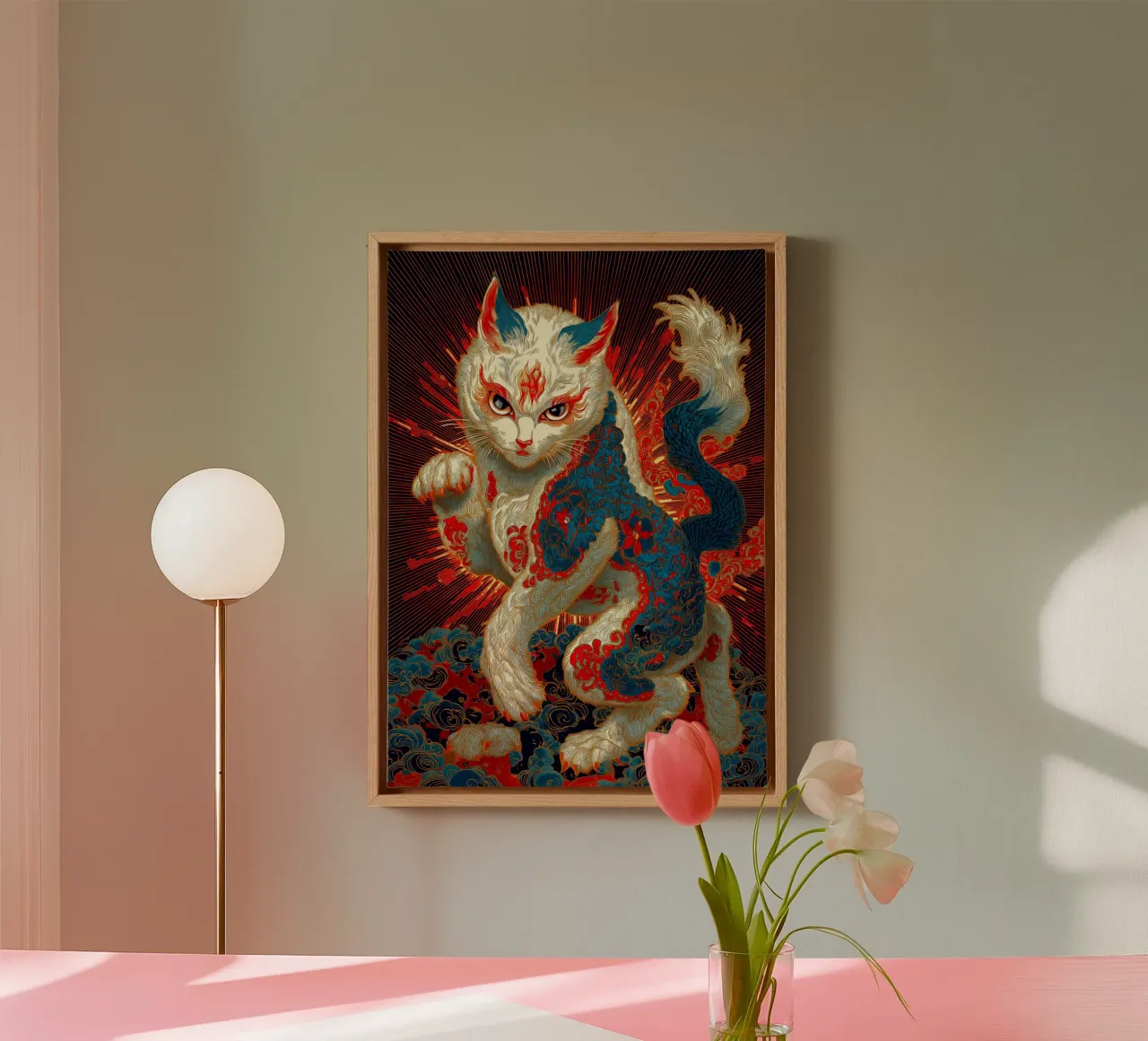 Gatto Ukiyo-e tela con Cornice a cassetta da Fleur de Lys