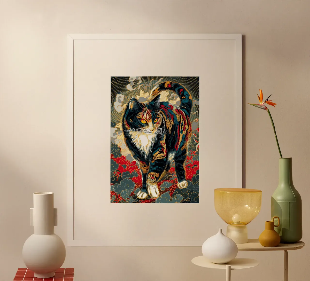 Gatto Ukiyo-e poster con telaio in legno da Fleur de Lys