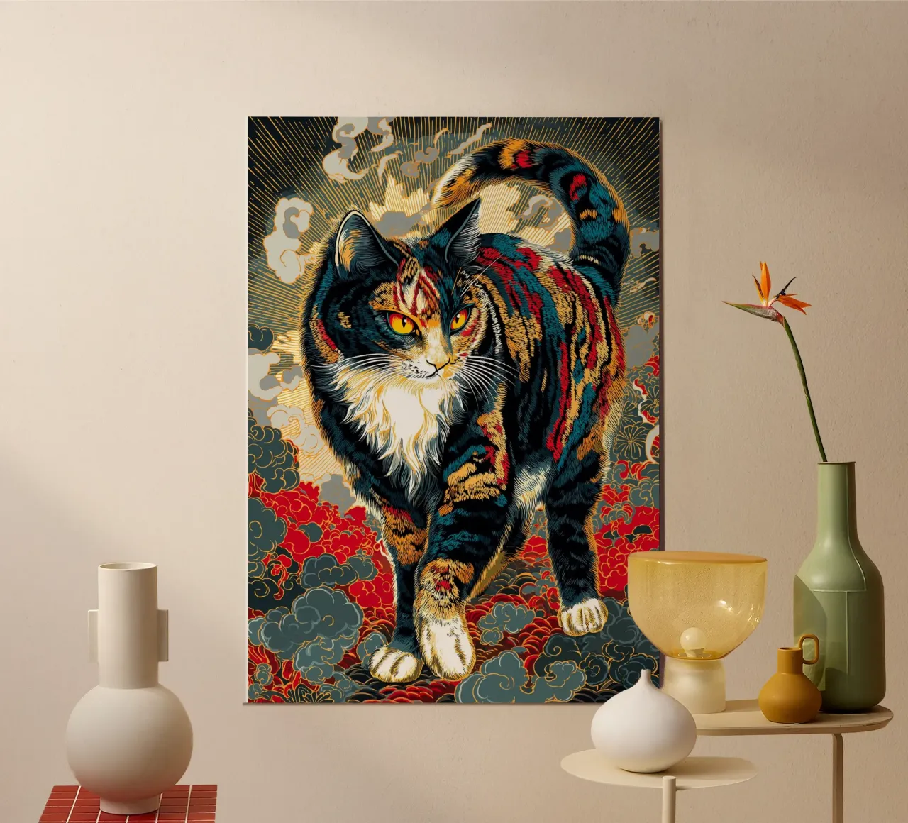 Gatto Ukiyo-e poster con telaio in legno da Fleur de Lys