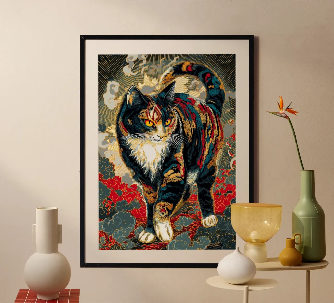 Gatto Ukiyo-e poster con telaio in legno da Fleur de Lys
