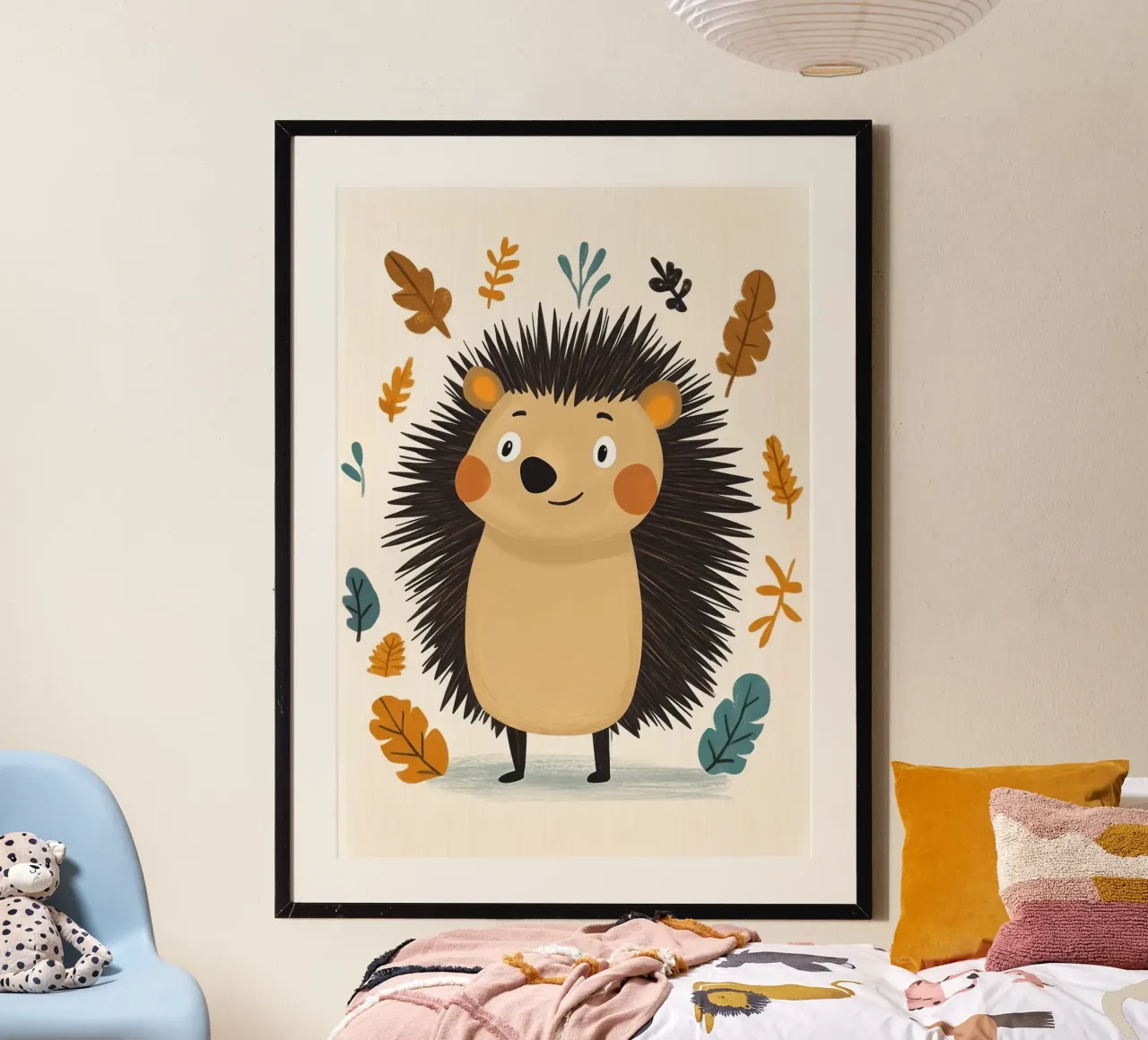 Simpática ilustración de un erizo poster con marco de madera de E Cannon