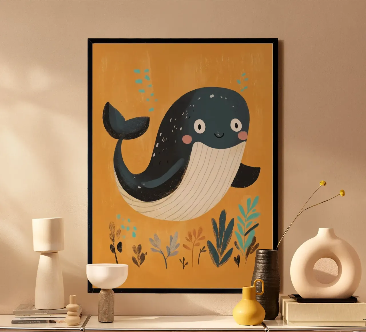 Cute Whale Illustration poster with wooden frame by E Cannon