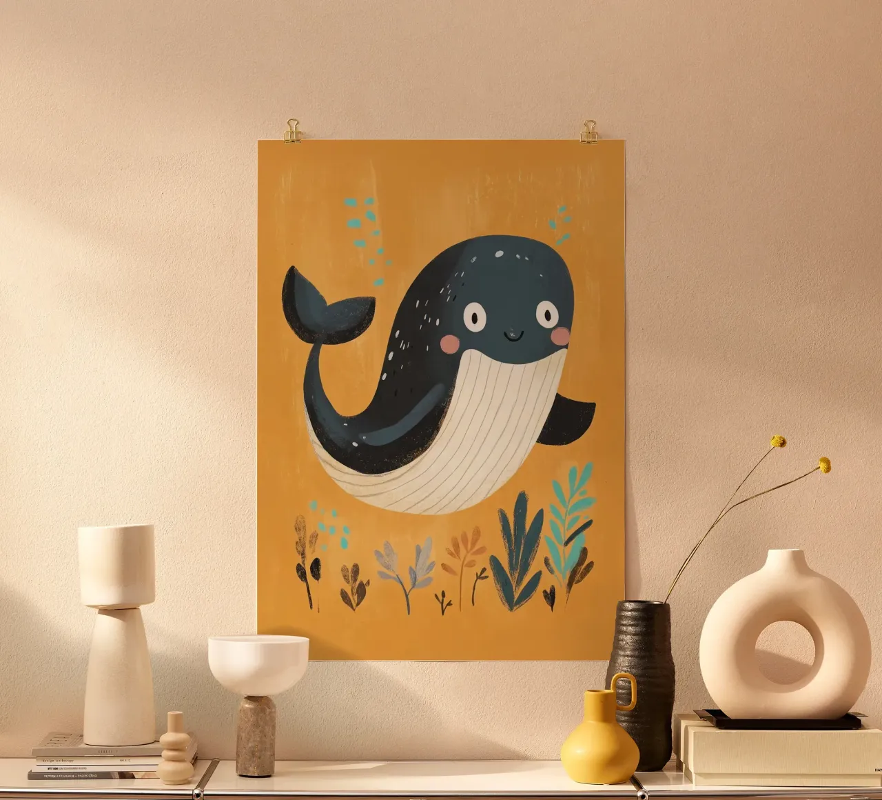 Cute Whale Illustration poster with wooden frame by E Cannon