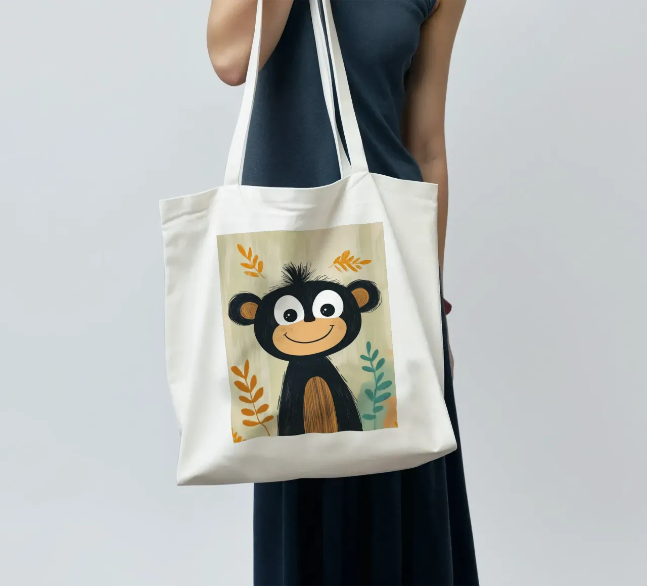 Illustrazione di una scimmia sorridente borsa in juta da E Cannon
