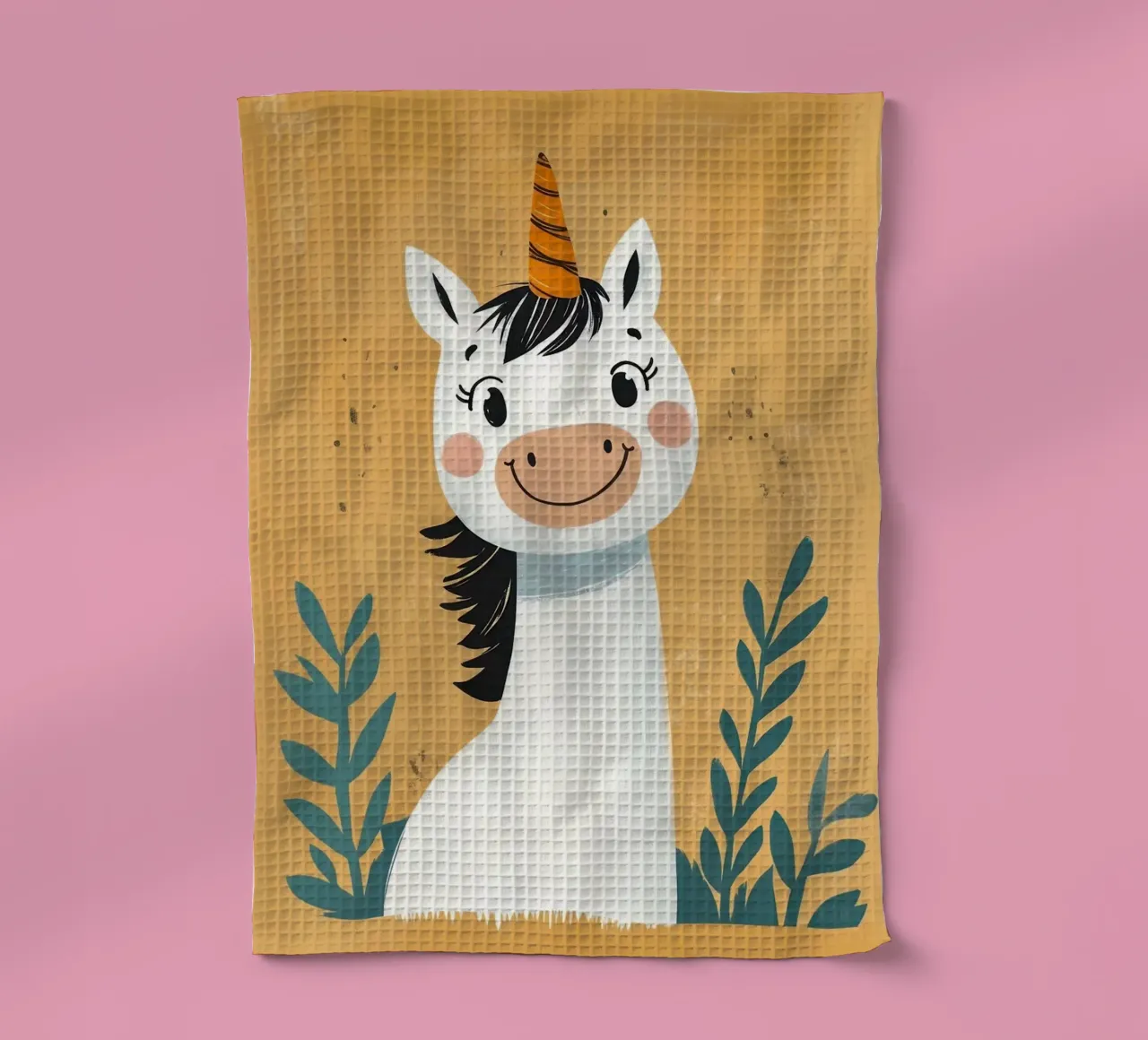 Illustration d'une licorne souriante torchon de E Cannon
