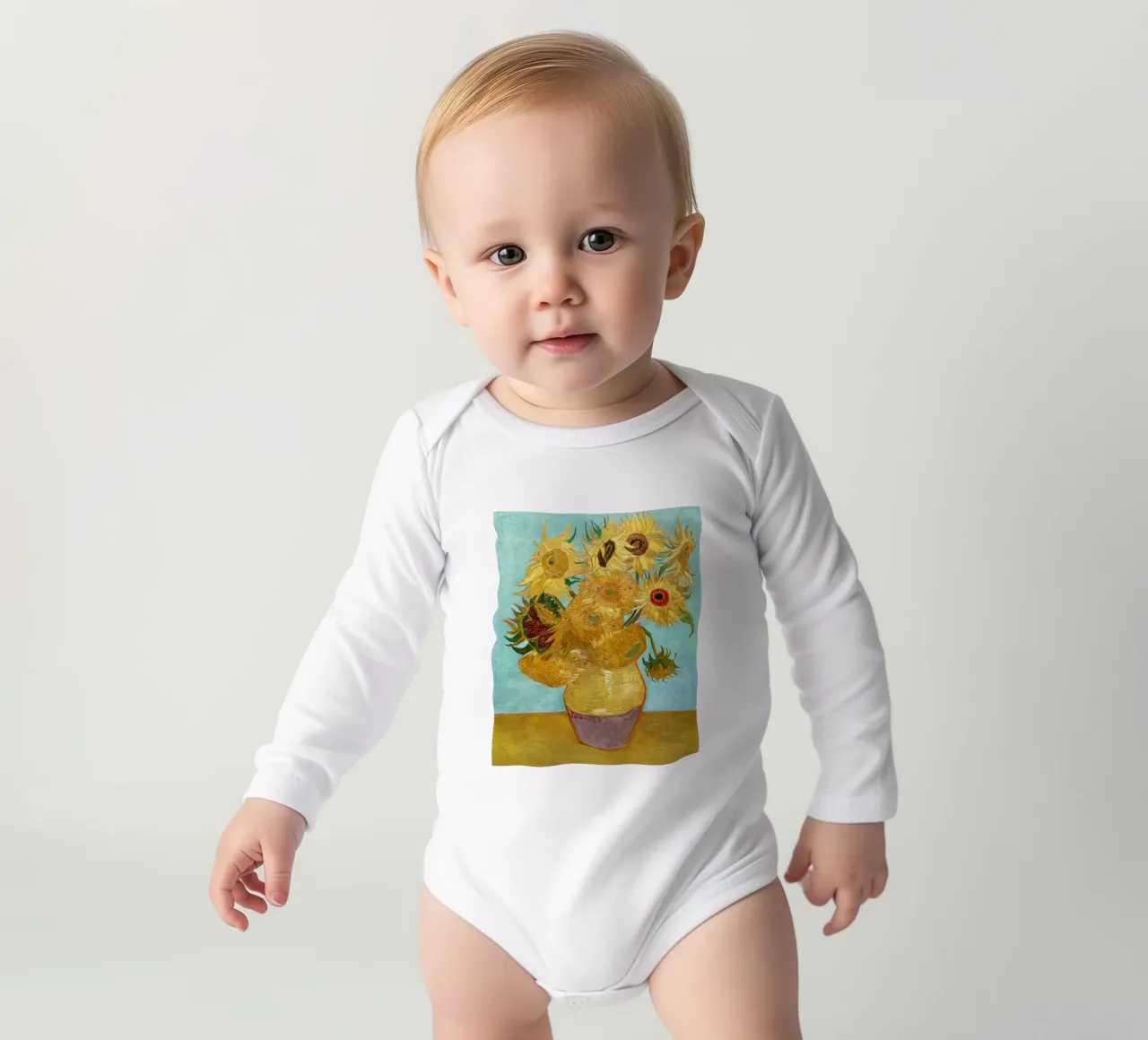 Vaso con dodici girasoli di Vincent van Gogh body neonato maniche lunghe da Classic Art Prints