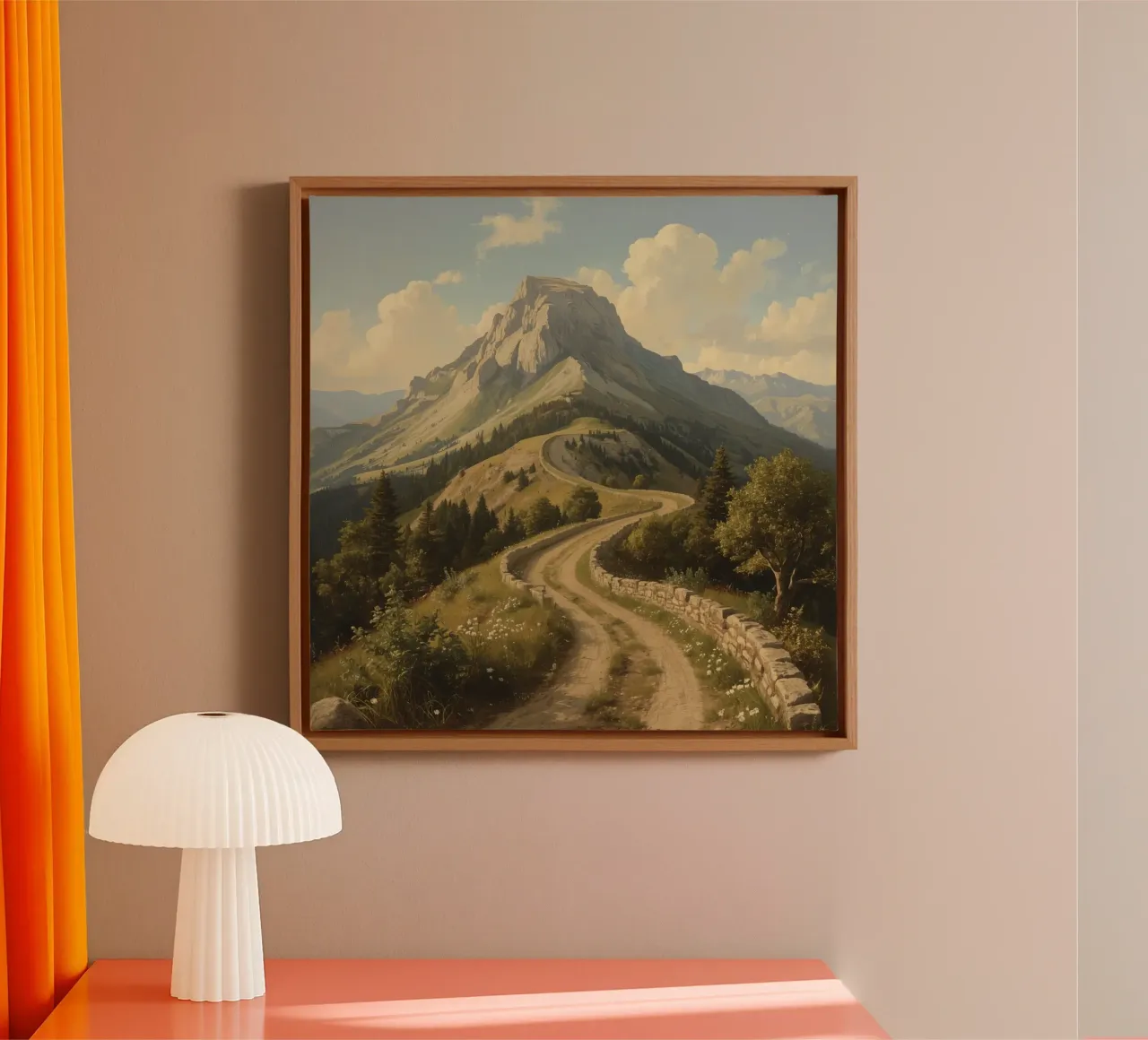 Scenic winding path leads to a majestic mountain peak under canvas with Floater frame by DesignDoodle