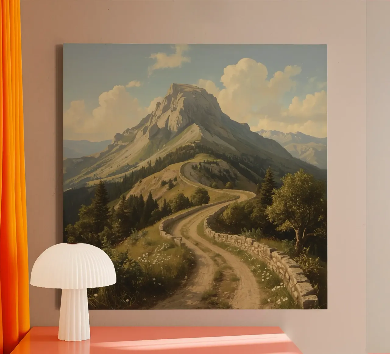 Scenic winding path leads to a majestic mountain peak under canvas with Floater frame by DesignDoodle