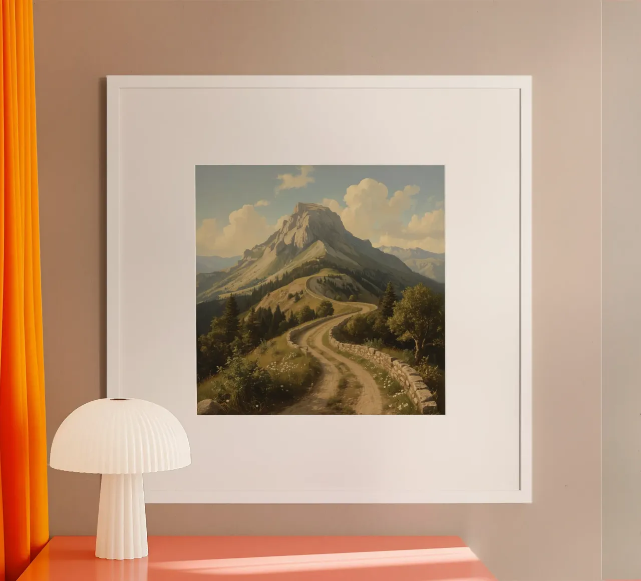 Ein malerischer, gewundener Pfad führt zu einem majestätischen Berggipfel unter Poster von DesignDoodle