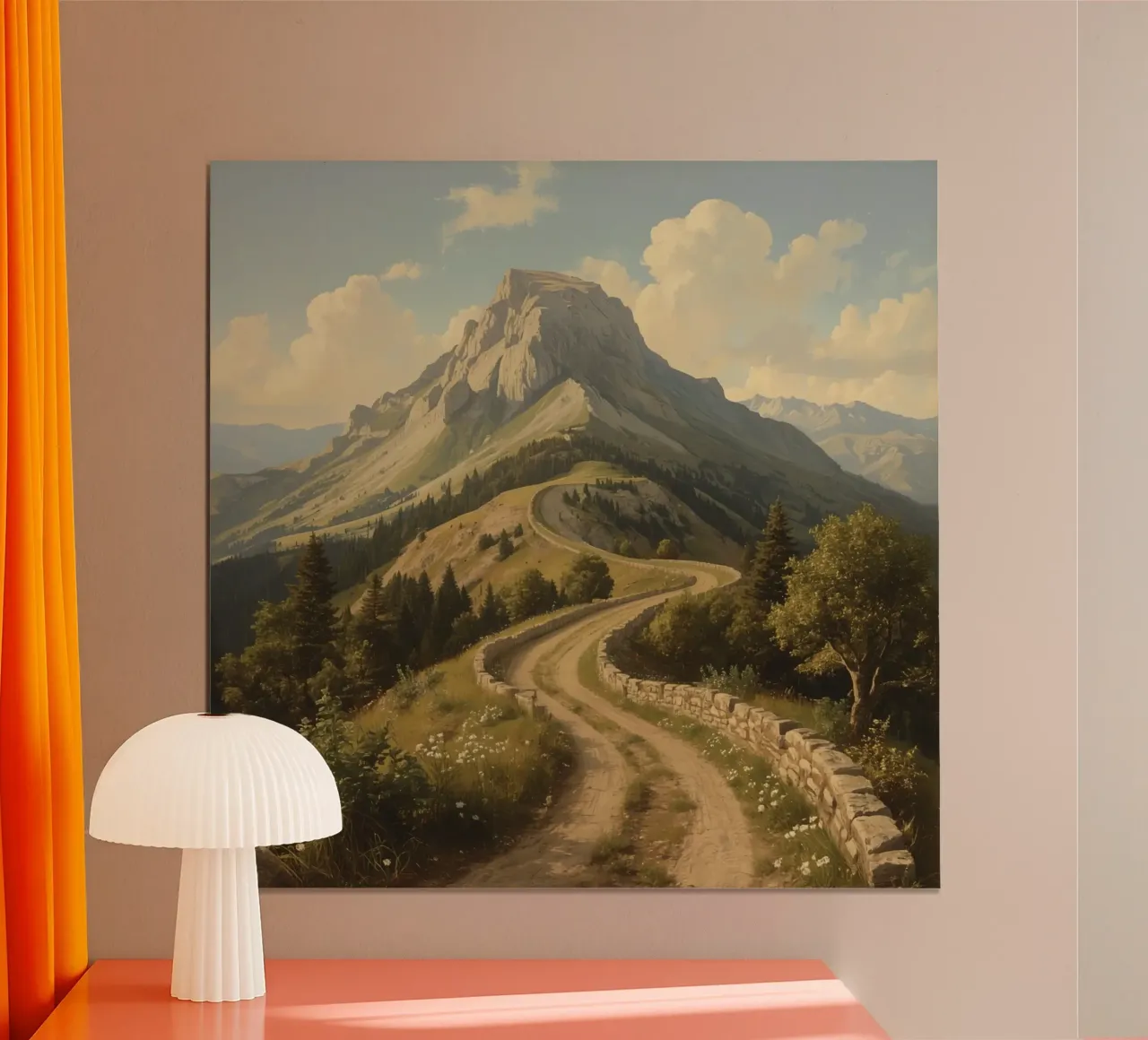 Ein malerischer, gewundener Pfad führt zu einem majestätischen Berggipfel unter Poster von DesignDoodle