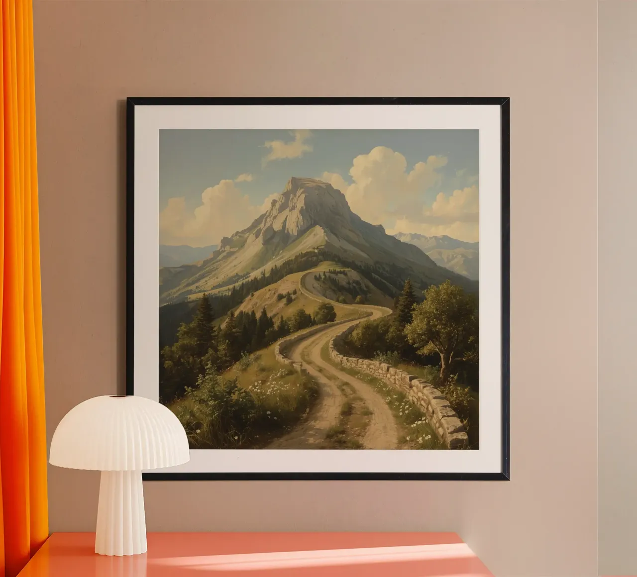 Ein malerischer, gewundener Pfad führt zu einem majestätischen Berggipfel unter Poster von DesignDoodle