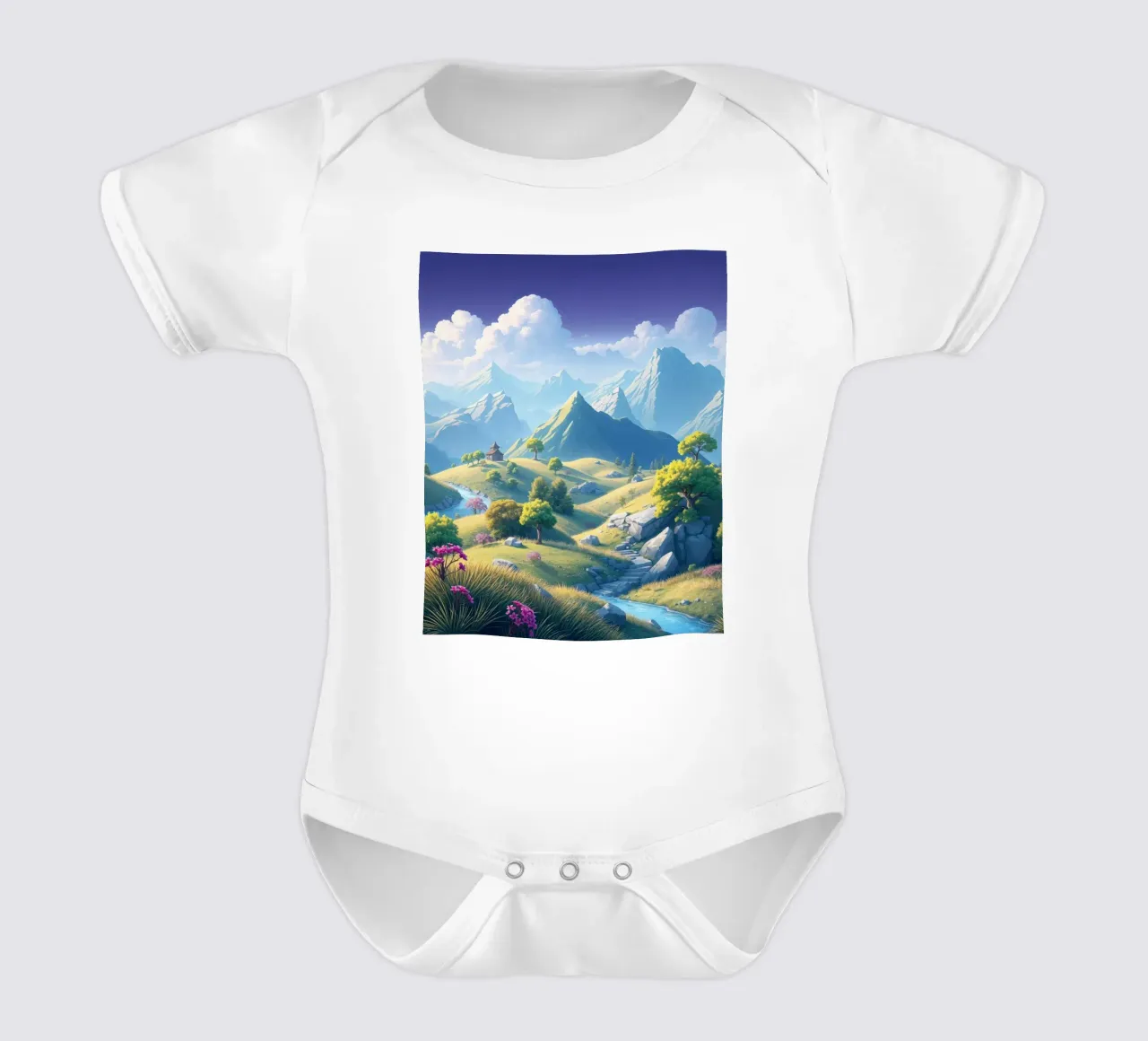 Fantasy mountain landscape short-sleeve baby romper by RB-Digital-Paintings