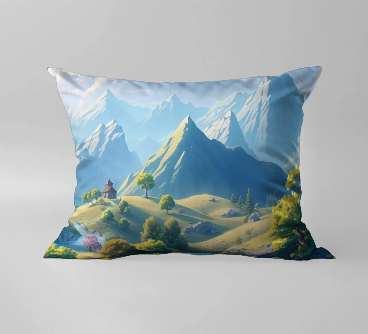 Fantasy mountain landscape decorative cushion by RB-Digital-Paintings