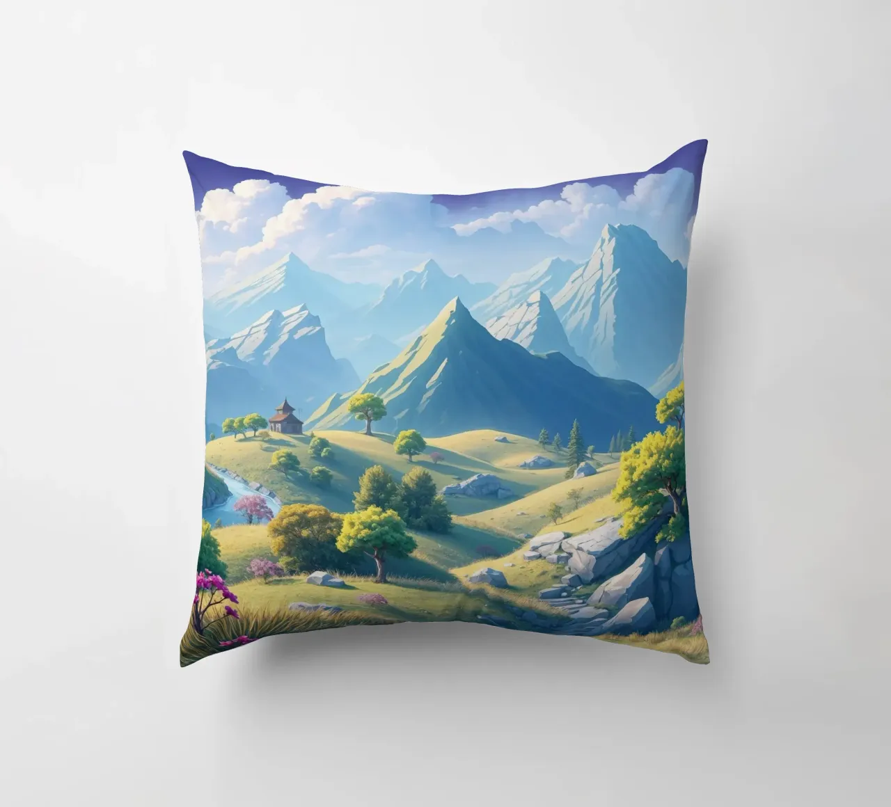 Fantasy mountain landscape decorative cushion by RB-Digital-Paintings