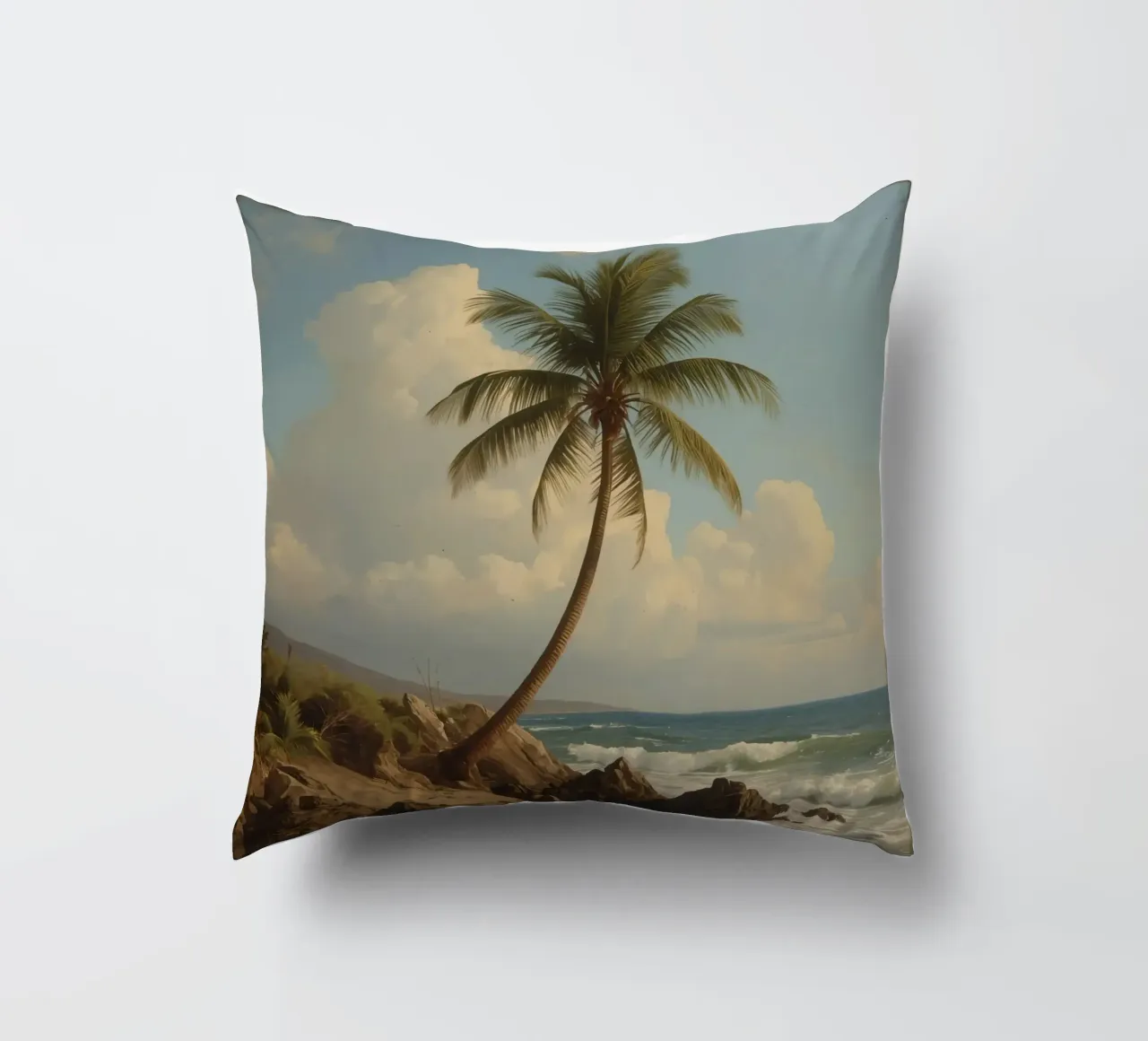 Paesaggio costiero con una palma ad alto fusto cuscino da DesignDoodle