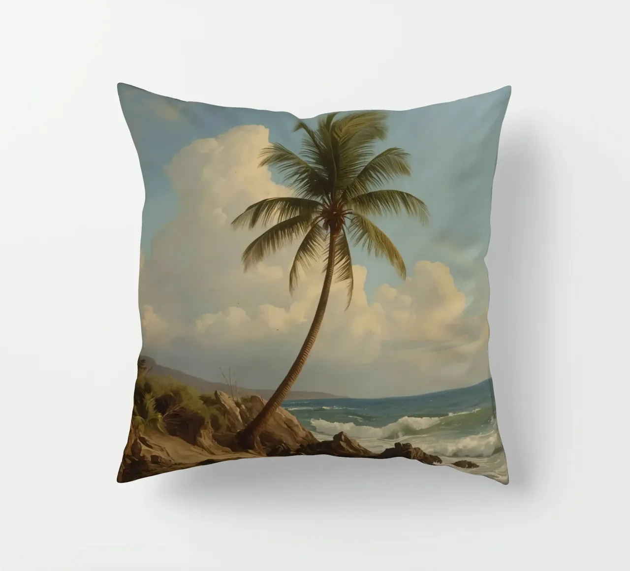 Paesaggio costiero con una palma ad alto fusto cuscino da DesignDoodle