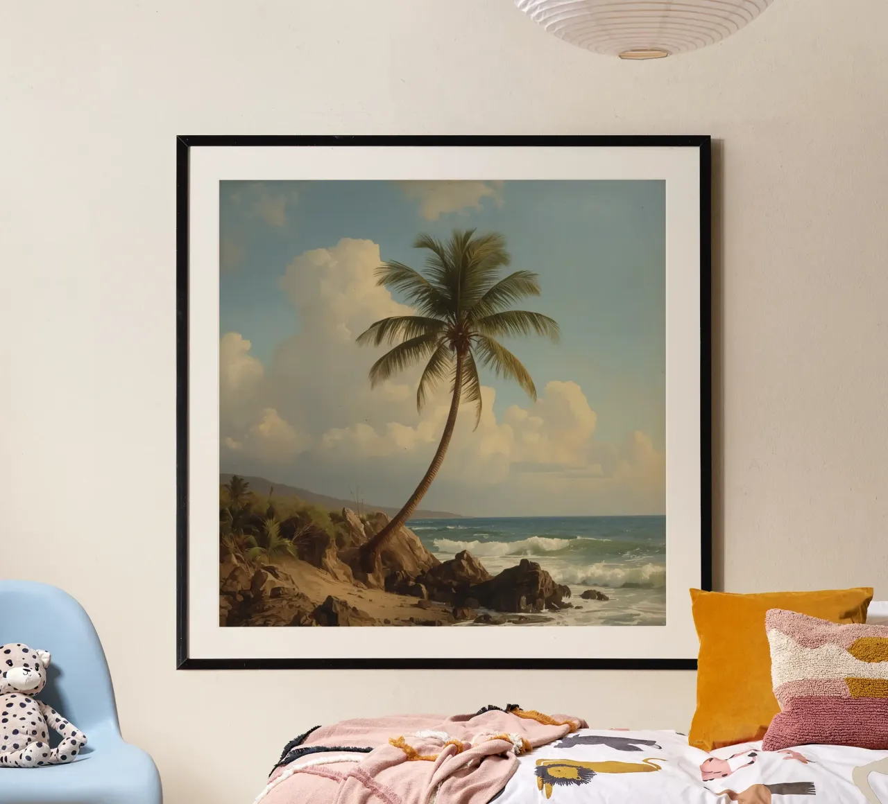 Paesaggio costiero con una palma ad alto fusto poster con telaio in plastica da DesignDoodle