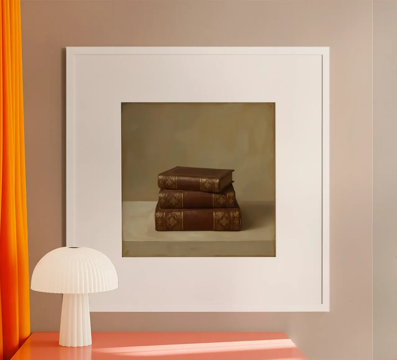 Libri d'epoca impilati con rilegature ornate, collocati in un'unica posizione poster con telaio in alluminio da DesignDoodle