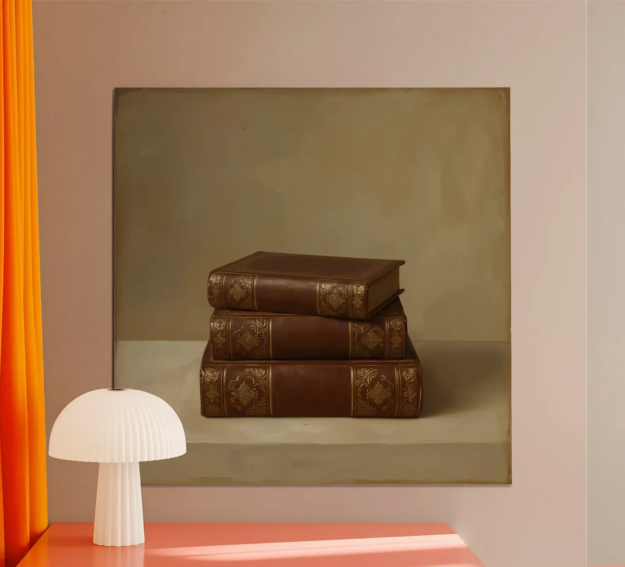 Libri d'epoca impilati con rilegature ornate, collocati in un'unica posizione poster con telaio in alluminio da DesignDoodle