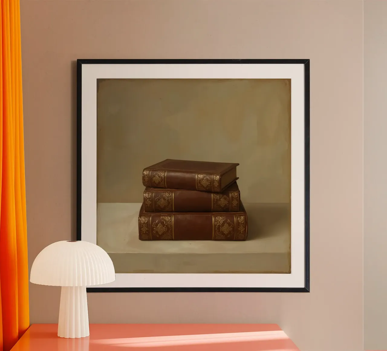 Libri d'epoca impilati con rilegature ornate, collocati in un'unica posizione poster con telaio in alluminio da DesignDoodle