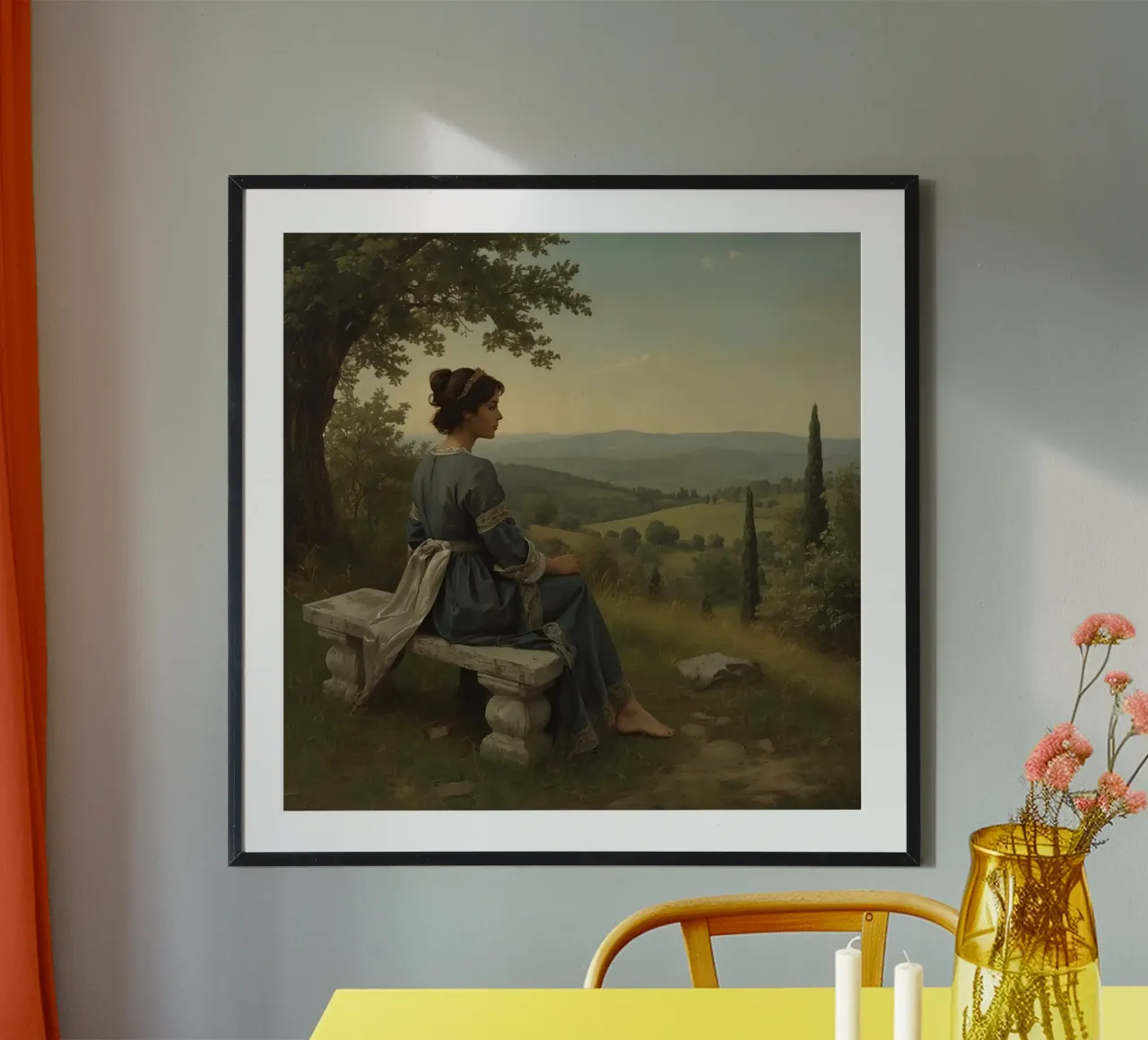 Mujer joven con traje tradicional sentada en un banco de piedra poster de DesignDoodle