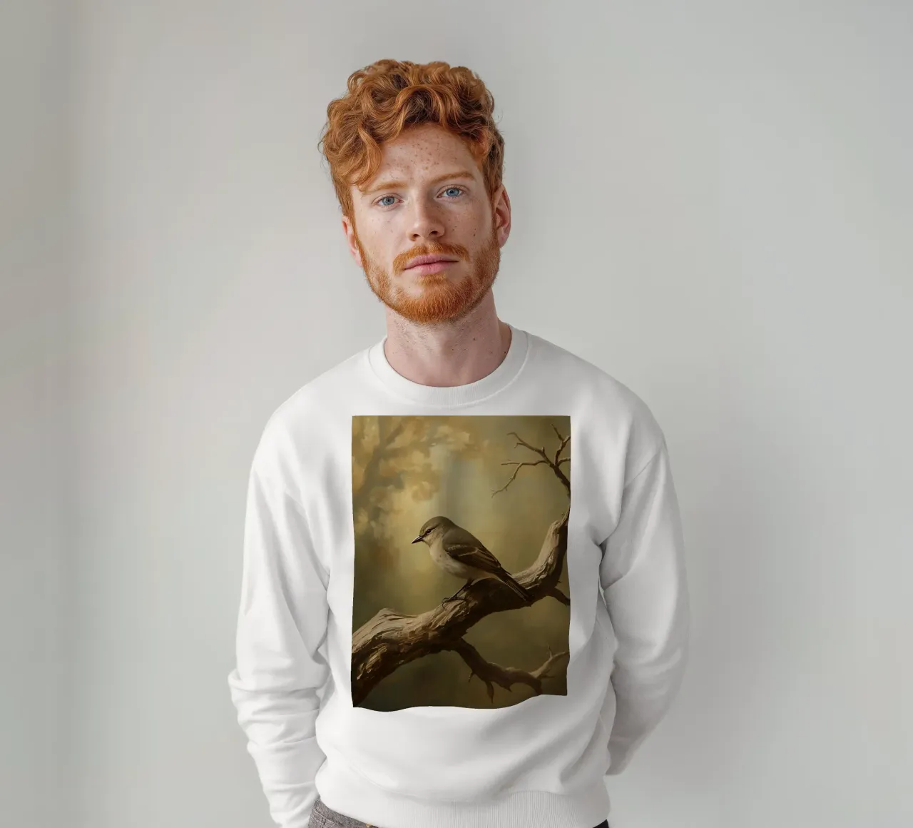 Bird Perched on a Branch with Softly Autumn Background sweatshirt by DesignDoodle