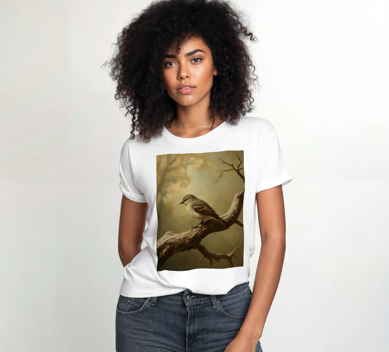 Bird Perched on a Branch with Softly Autumn Background women's fitted t-shirt by DesignDoodle
