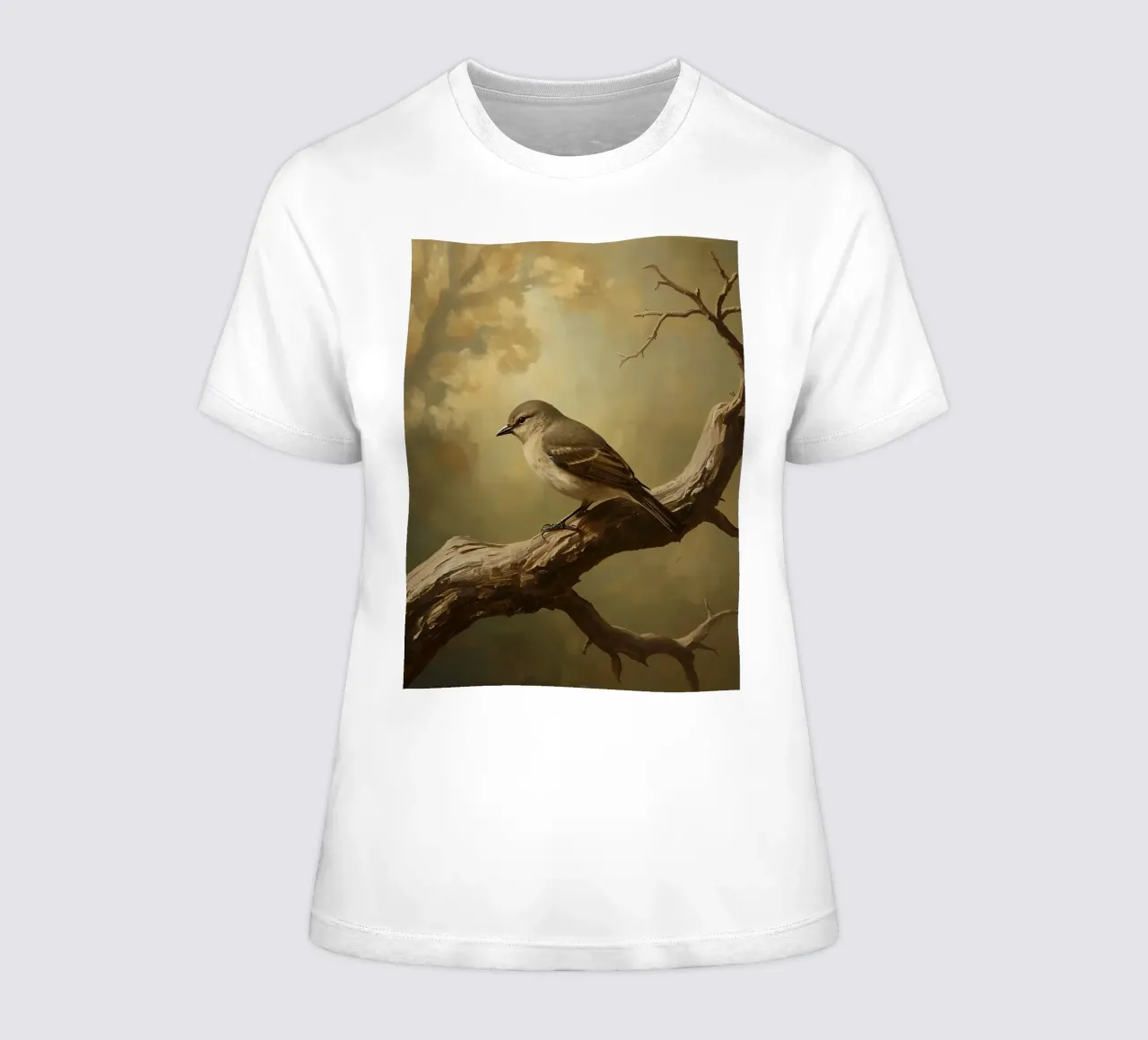 Bird Perched on a Branch with Softly Autumn Background women's fitted t-shirt by DesignDoodle