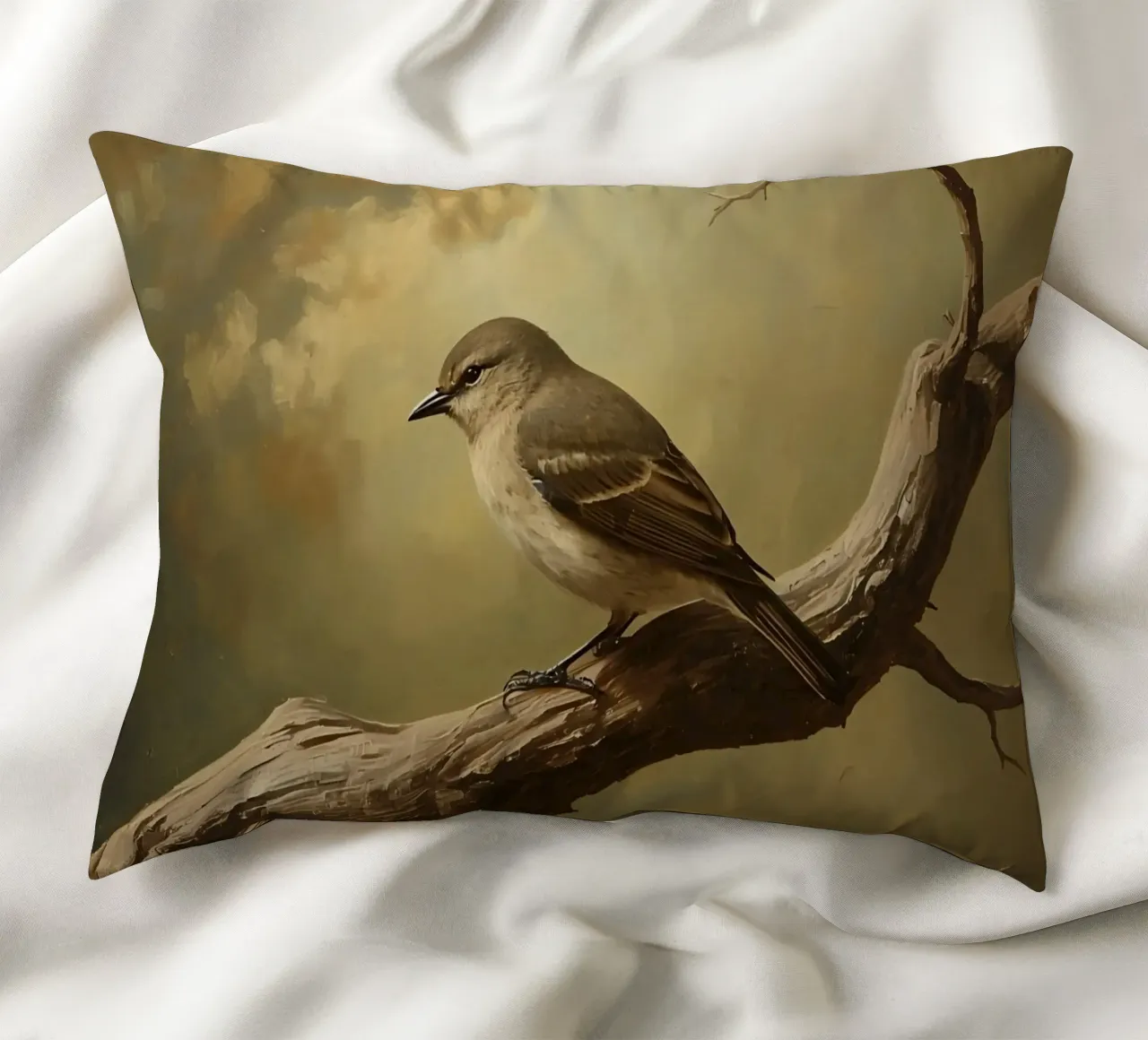 Bird Perched on a Branch with Softly Autumn Background decorative cushion by DesignDoodle