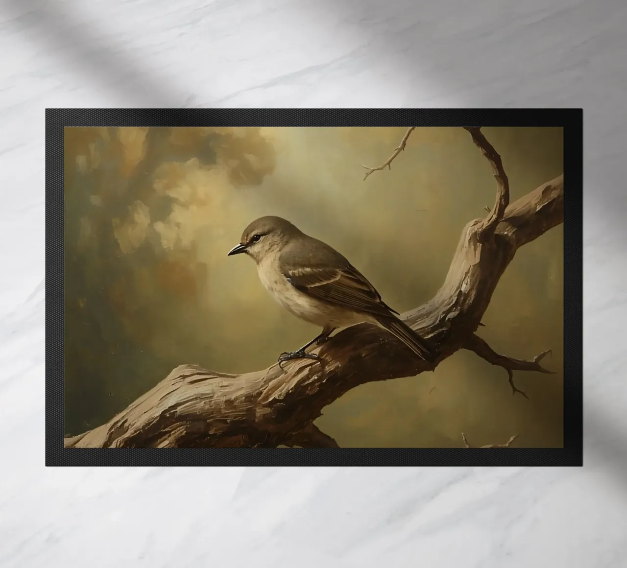 Bird Perched on a Branch with Softly Autumn Background doormat by DesignDoodle