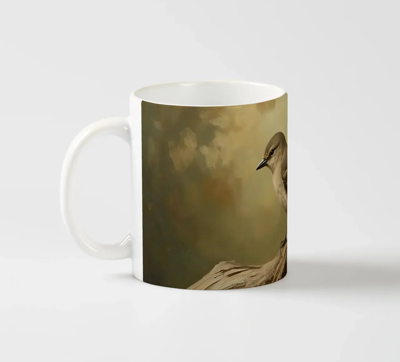 Bird Perched on a Branch with Softly Autumn Background ceramic mug by DesignDoodle