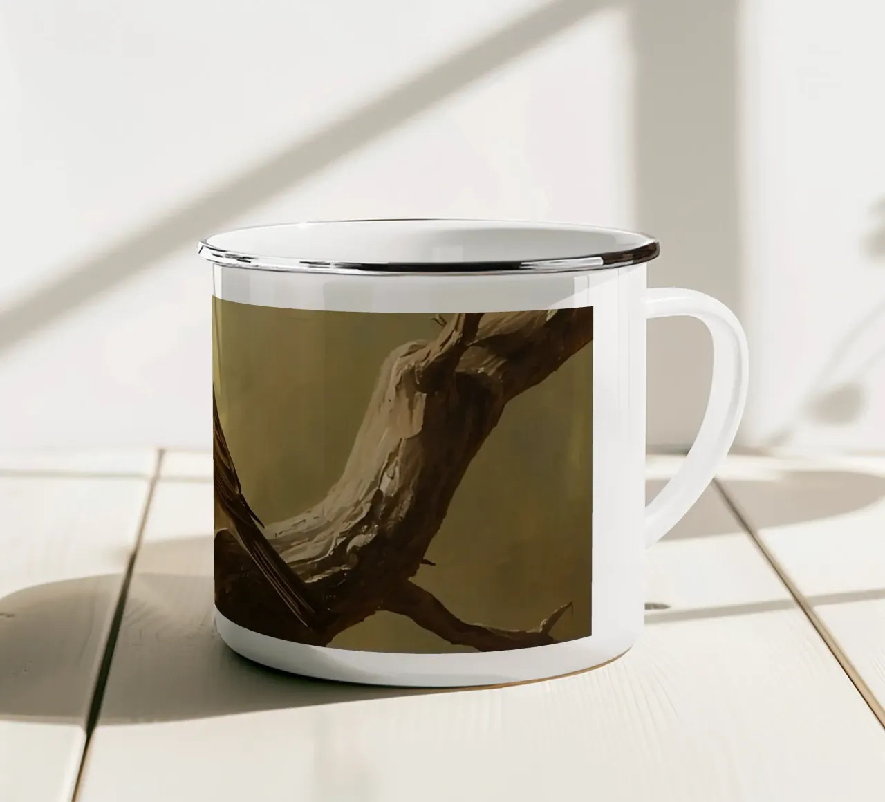 Bird Perched on a Branch with Softly Autumn Background enamel mug by DesignDoodle