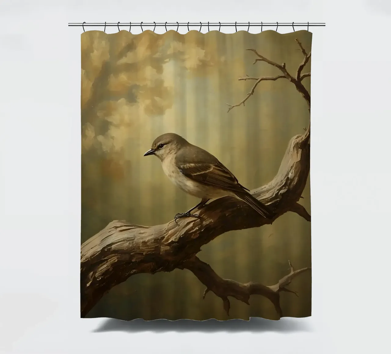 Bird Perched on a Branch with Softly Autumn Background shower curtain by DesignDoodle