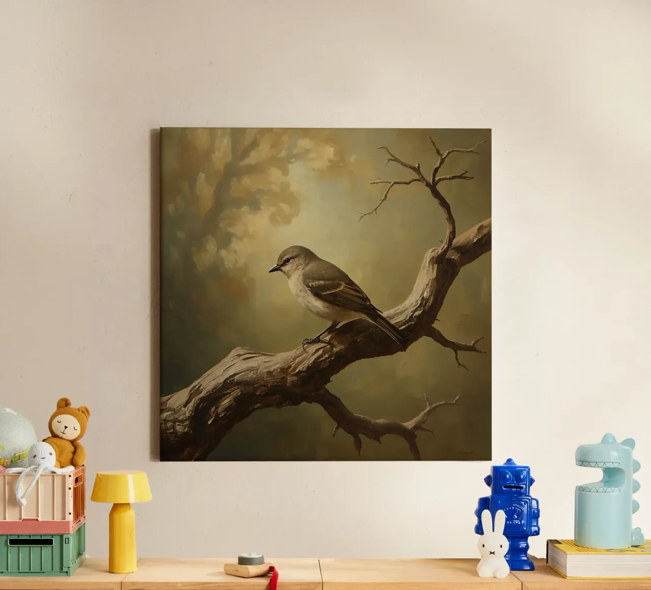 Bird Perched on a Branch with Softly Autumn Background canvas by DesignDoodle