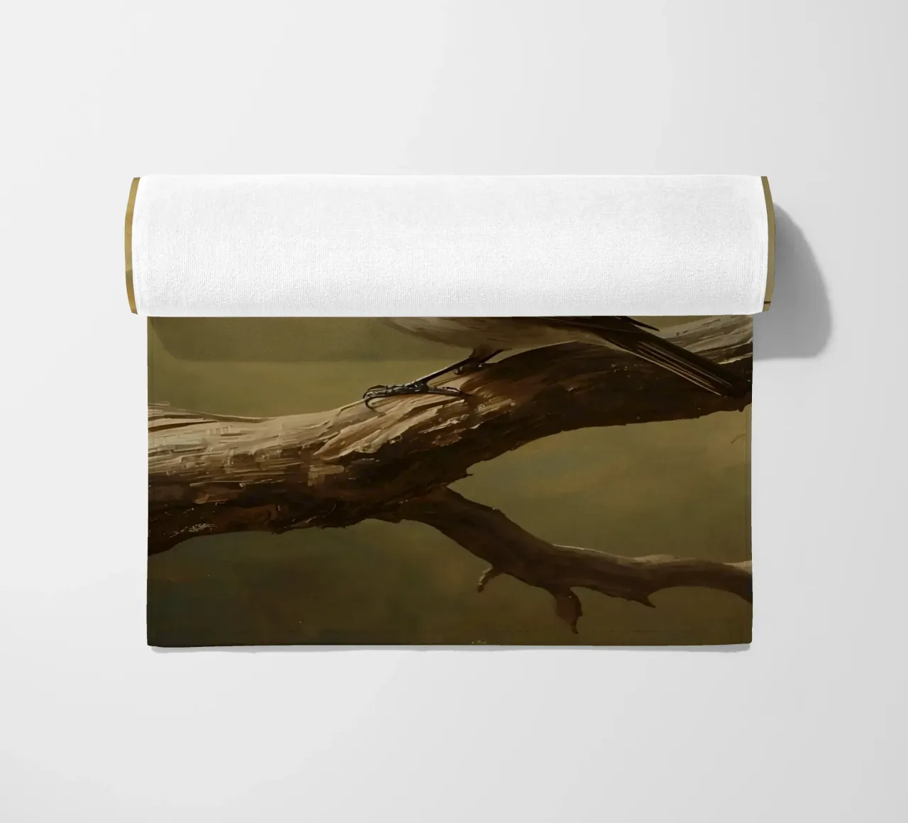 Bird Perched on a Branch with Softly Autumn Background beach towel by DesignDoodle