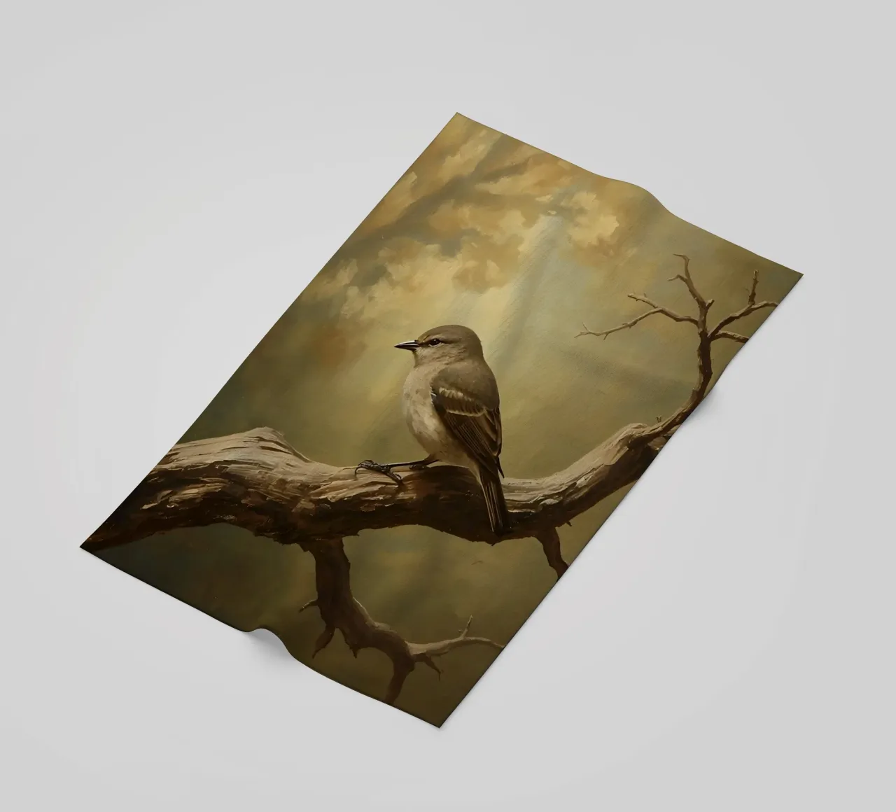 Bird Perched on a Branch with Softly Autumn Background beach towel by DesignDoodle