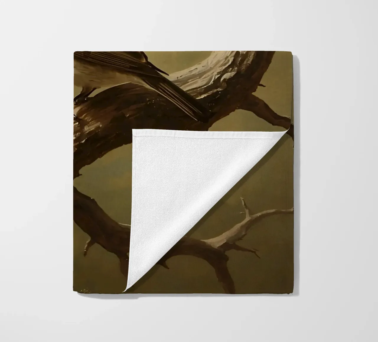 Bird Perched on a Branch with Softly Autumn Background beach towel by DesignDoodle
