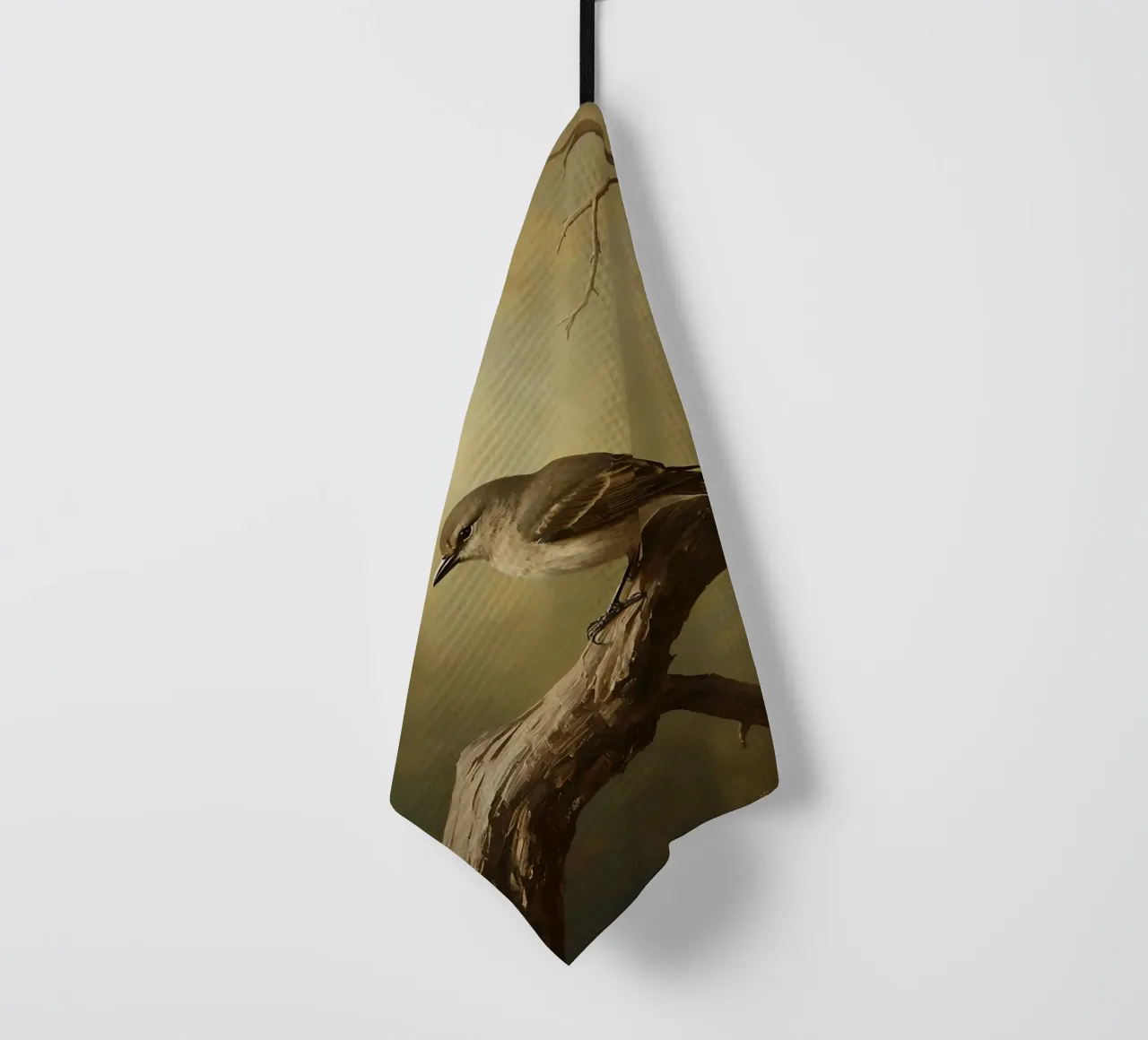 Bird Perched on a Branch with Softly Autumn Background tea towel by DesignDoodle