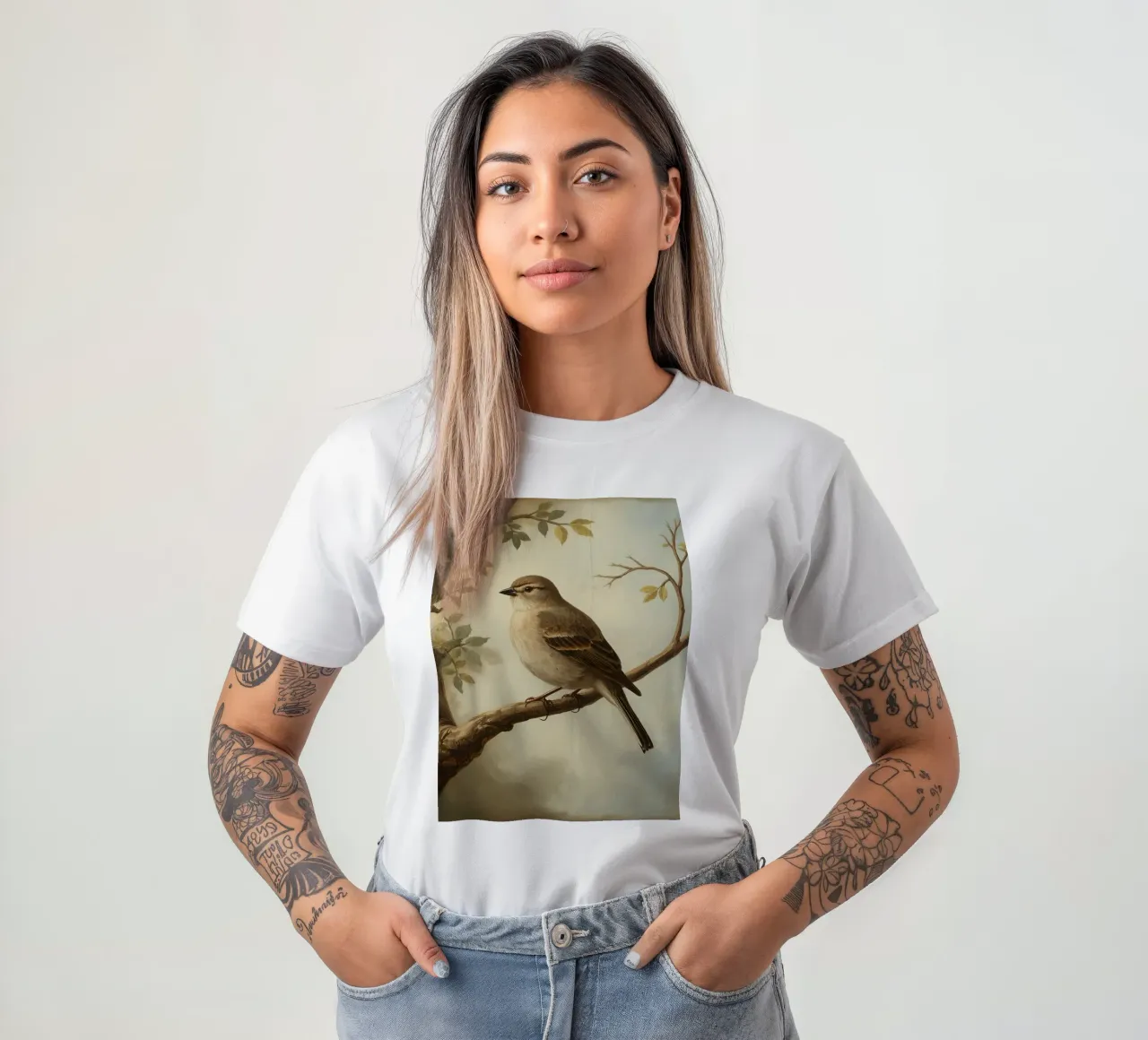 Sperling auf einem Zweig mit weichen Blättern in einer ruhigen T-Shirt von DesignDoodle